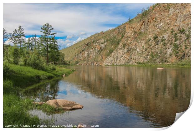 A stunning mountain reflection on a river in Mongolian on a sunny day Print by SnapT Photography