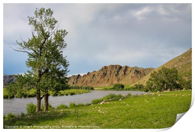 Late summer evening in Mongolia, with river, grassland and mountains Print by SnapT Photography