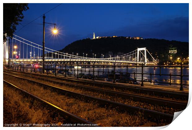 A view of Liberty Bridge, Danube River, Gillert Hill, across railway lines Print by SnapT Photography