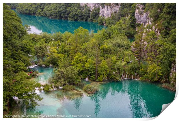 Water flowing through submerged trees between two lakes at Plitvice Lakes Print by SnapT Photography