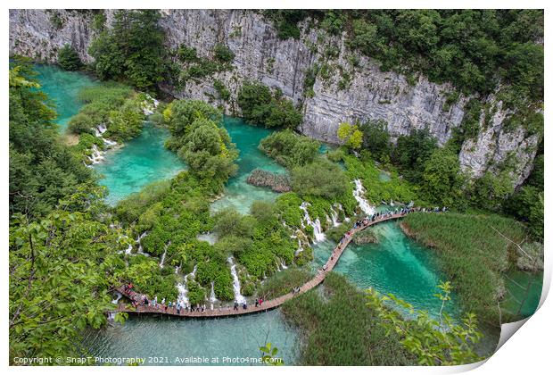 A series of waterfalls and tourists at Plitvice Lakes, Croatia Print by SnapT Photography