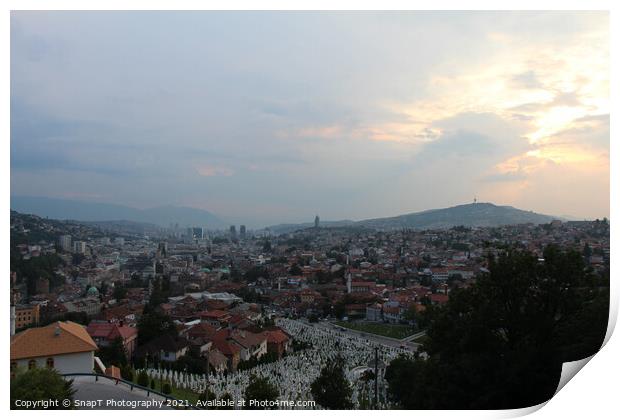 A view over the Soldier Cemetery (sehidsko mezarje Kovaci) and Sarajevo Print by SnapT Photography