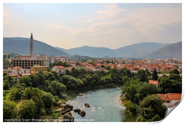 The Neretva River upstream of the arched Old Bridge in Mostar, Print by SnapT Photography
