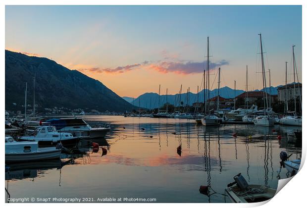 Boats moored in Kotor harbour at sunset, by the old town, Montenegro Print by SnapT Photography