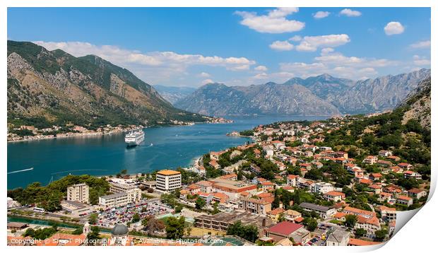 A view down the fjord at Kotor Bay, beside the old town in Kotor, Montenegro Print by SnapT Photography