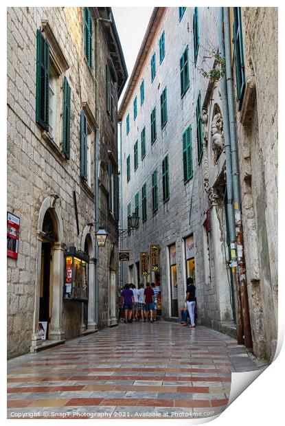 A narrow street in the Old Town of Kotor, with Medieval architecture Print by SnapT Photography
