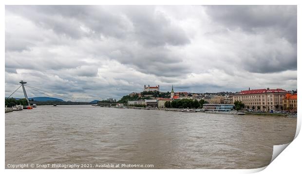 A view of the River Danube, Bratislava and Castle, Stary Most Bridge, Slovakia Print by SnapT Photography