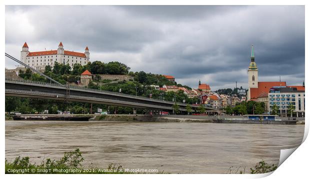 Bratislava Castle over looking the River Danube and the Most SNP Bridge Print by SnapT Photography
