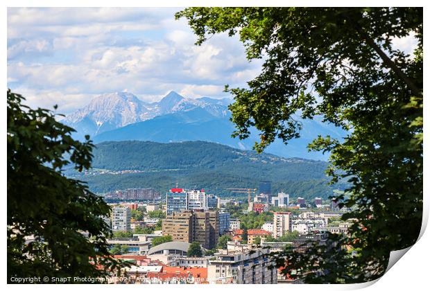 A view over Ljubljana in the summer, with Mount Saint Mary in the background Print by SnapT Photography
