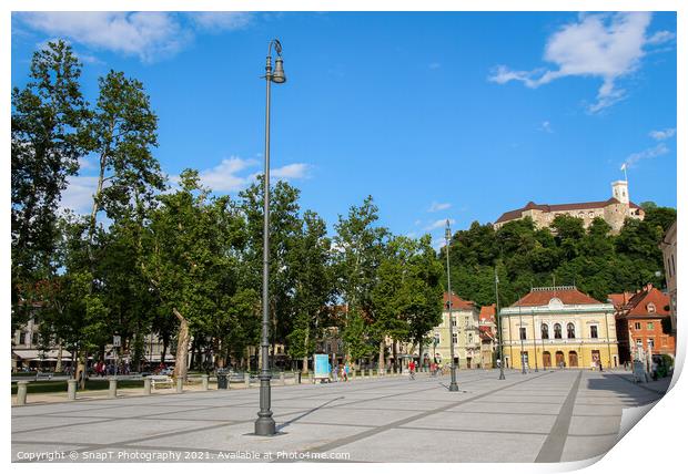 The park at Congress Square in the center of Ljubljana on a summers day Print by SnapT Photography