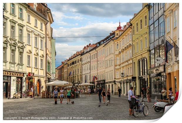 Bars and cafes in Mestni Trg, Ljubljana Town Square beside the town hall Print by SnapT Photography