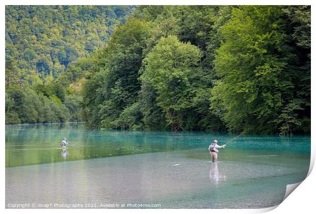 Two fly fisherman fishing for Marble Trout on the Soca River at Tolmin, Slovenia Print by SnapT Photography