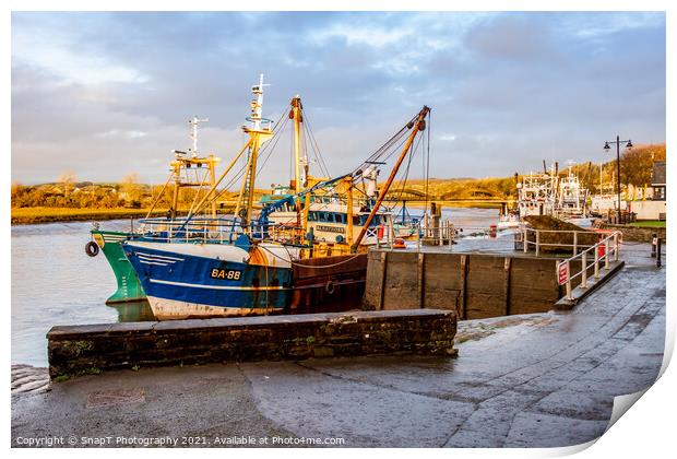 Fishing trawlers moored at Kirkcudbright harbour on the River Dee at sunset Print by SnapT Photography