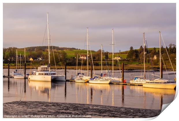 Yachts and boats moored at Kirkcudbright Marina, reflecting on the water Print by SnapT Photography