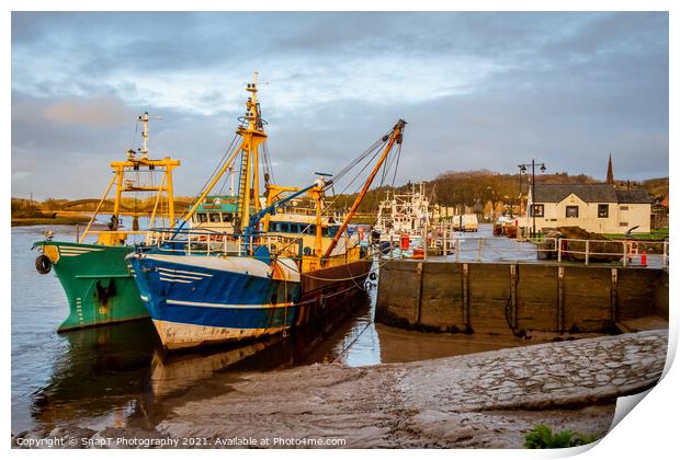Fishing trawlers moored at Kirkcudbright harbour on the River Dee at sunset Print by SnapT Photography