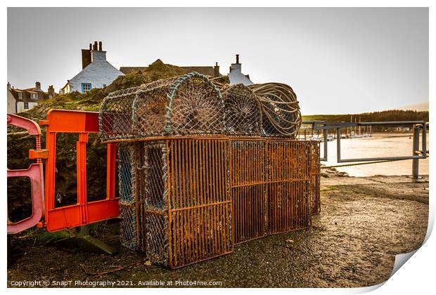 Lobster and prawn fishing pots and creels stacked up at Kirkcudbright Harbour Print by SnapT Photography