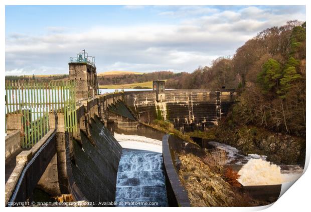 Water being released from the flood gates on Earlstoun Dam Print by SnapT Photography