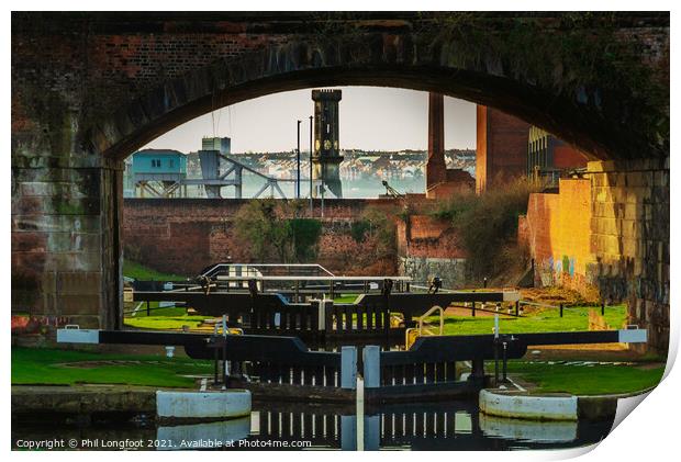 Canal locks into Leeds Liverpool Canal near Liverpool Print by Phil Longfoot