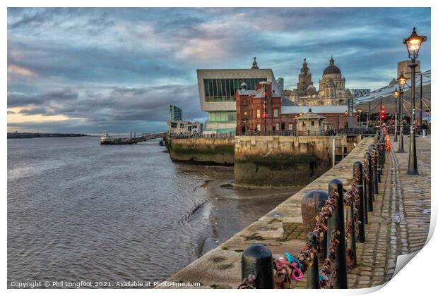 Dusk on the Mersey and quayside Print by Phil Longfoot