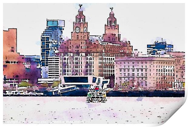 Ferry across the Mersey watercolour edit Print by Phil Longfoot