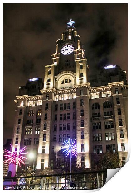 Royal Liver Building Liverpool at night Print by Phil Longfoot