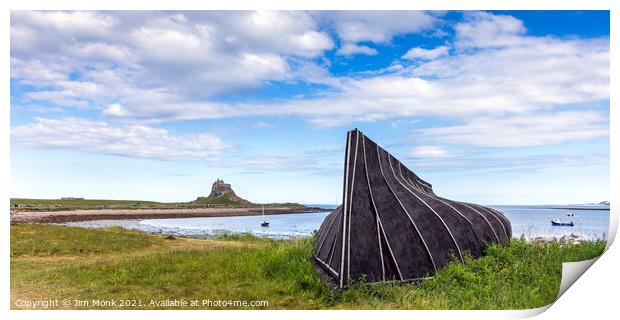 Lindisfarne Castle and boat hut Print by Jim Monk