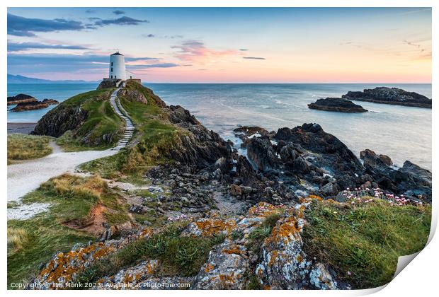 Sunset at Llanddwyn Island Lighthouse Print by Jim Monk