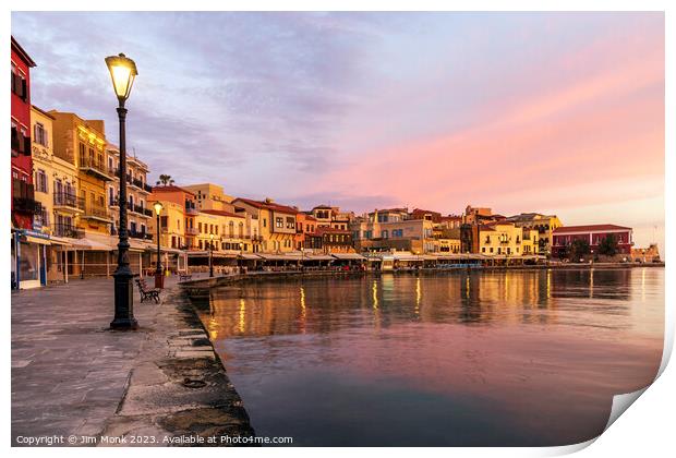 Sunrise at the old venetian harbour of Chania Print by Jim Monk