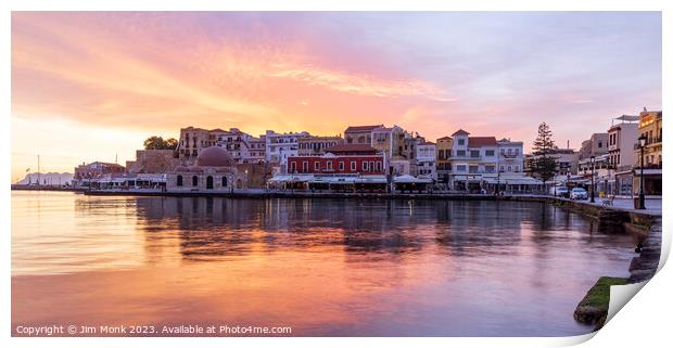 Old Venetian harbour at sunrise, Chania Print by Jim Monk