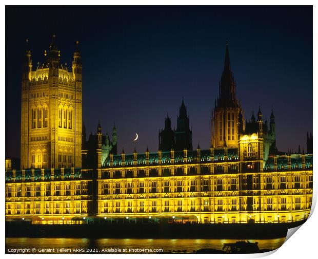 Houses of Parliament and crescent moon, Westminster, London, UK Print by Geraint Tellem ARPS