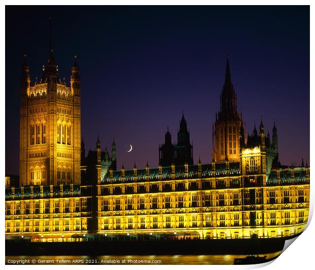 Houses of Parliament and cresecent moon at dusk, Westminster, London Print by Geraint Tellem ARPS