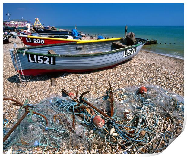 Boats and fishing tackle on beach, Bognor Regis, West Sussex, UK Print by Geraint Tellem ARPS
