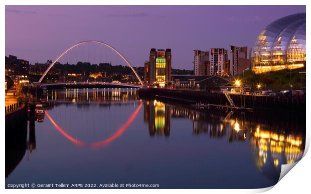 Gateshead Millennium Bridge and Sage reflected in River Tyne, Newcastle UK reflection river, water lights  dusk evening Print by Geraint Tellem ARPS