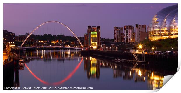 Gateshead Millennium Bridge and Sage reflected in River Tyne, Newcastle UK reflection river, water lights  dusk evening Print by Geraint Tellem ARPS