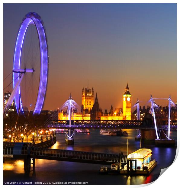 London Eye, Houses of Parliament from Waterloo Bridge, London, England, UK Print by Geraint Tellem ARPS