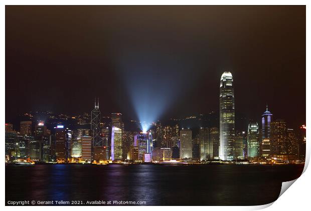 Hong Kong Island, Victoria Harbour waterfront including Two International Finance Centre, Hong Kong. Symphony of Lights display Print by Geraint Tellem ARPS