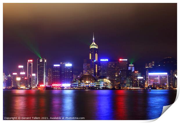 Hong Kong Island, Victoria Harbour waterfront including Hong Kong Convention and Exhibition Centre, and Central Plaza during A Symphony of Lights display. Print by Geraint Tellem ARPS