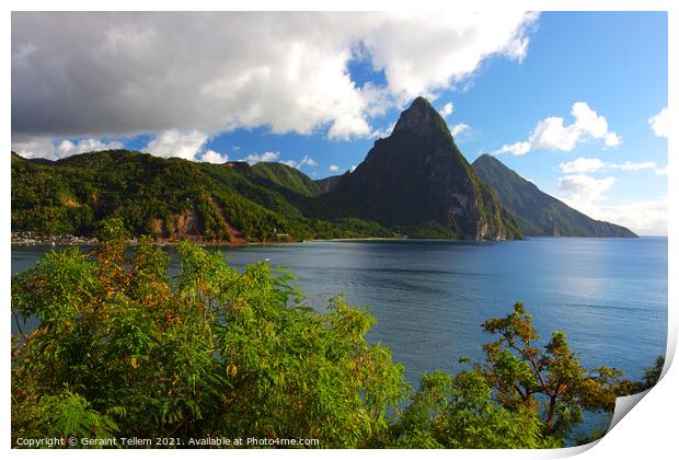 The Pitons and Soufriere Bay, St Lucia, Caribbean Print by Geraint Tellem ARPS