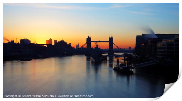 Tower Bridge, HMS Belfast and River Thames at sunrise, London, England, UK Print by Geraint Tellem ARPS