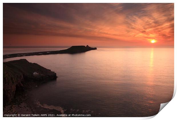 Worms Head at sunset, Rhossili, Gower, South Wales Print by Geraint Tellem ARPS
