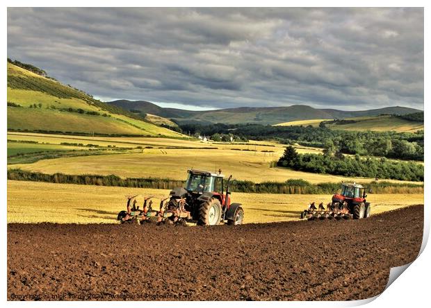 Ploughing in tandem Cheviot Hills. Print by mick vardy