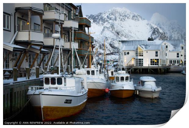 Norwegian fishing village in winter. Print by ANN RENFREW