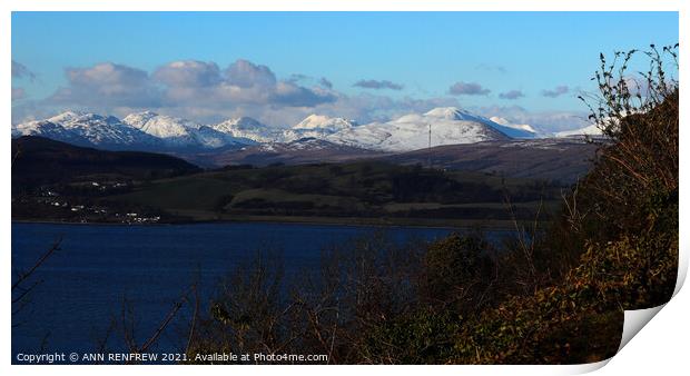 Snow capped mountains of Scotland. Print by ANN RENFREW