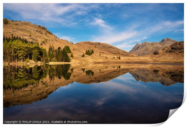 Blea tarn with mountain reflections in the lake district Cumbria. 511 Print by PHILIP CHALK