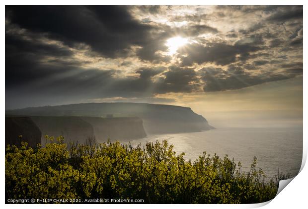 Sunset over Staithes cliffs 537 Print by PHILIP CHALK