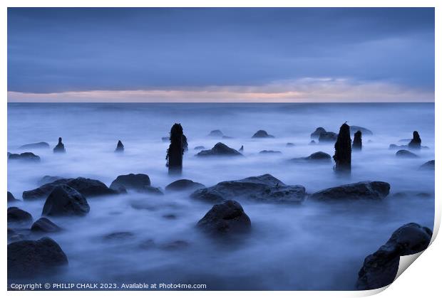 Ghostly groynes at dawn  on chemical beach Seaham 915  Print by PHILIP CHALK