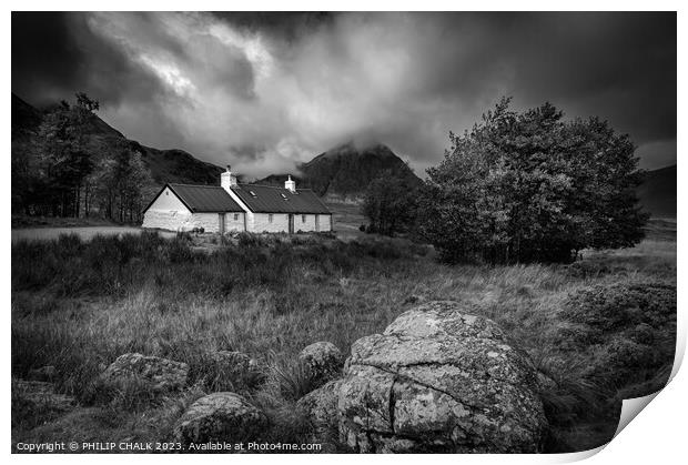 Black rock cottage Glencoe black and white 985 Print by PHILIP CHALK