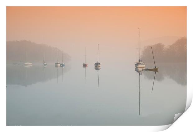 misty lake with sail boats Coniston water 07 Print by PHILIP CHALK