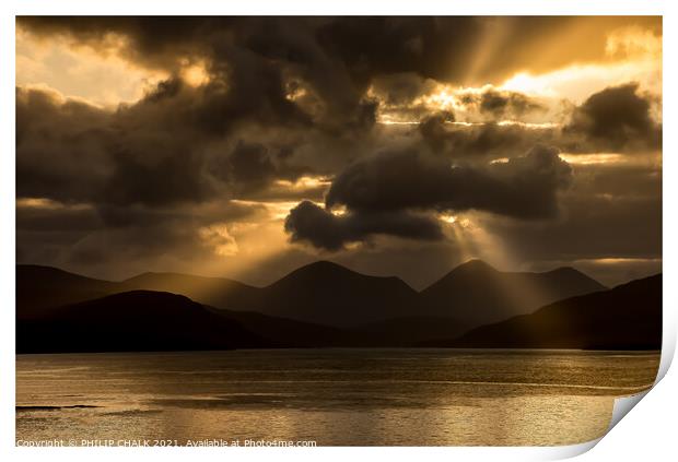 Moody sunset over the red Cuillin mountain range o Print by PHILIP CHALK