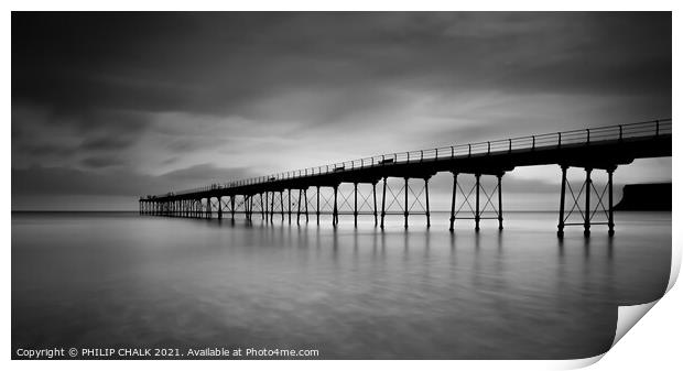 Saltburn pier in black and white  Print by PHILIP CHALK